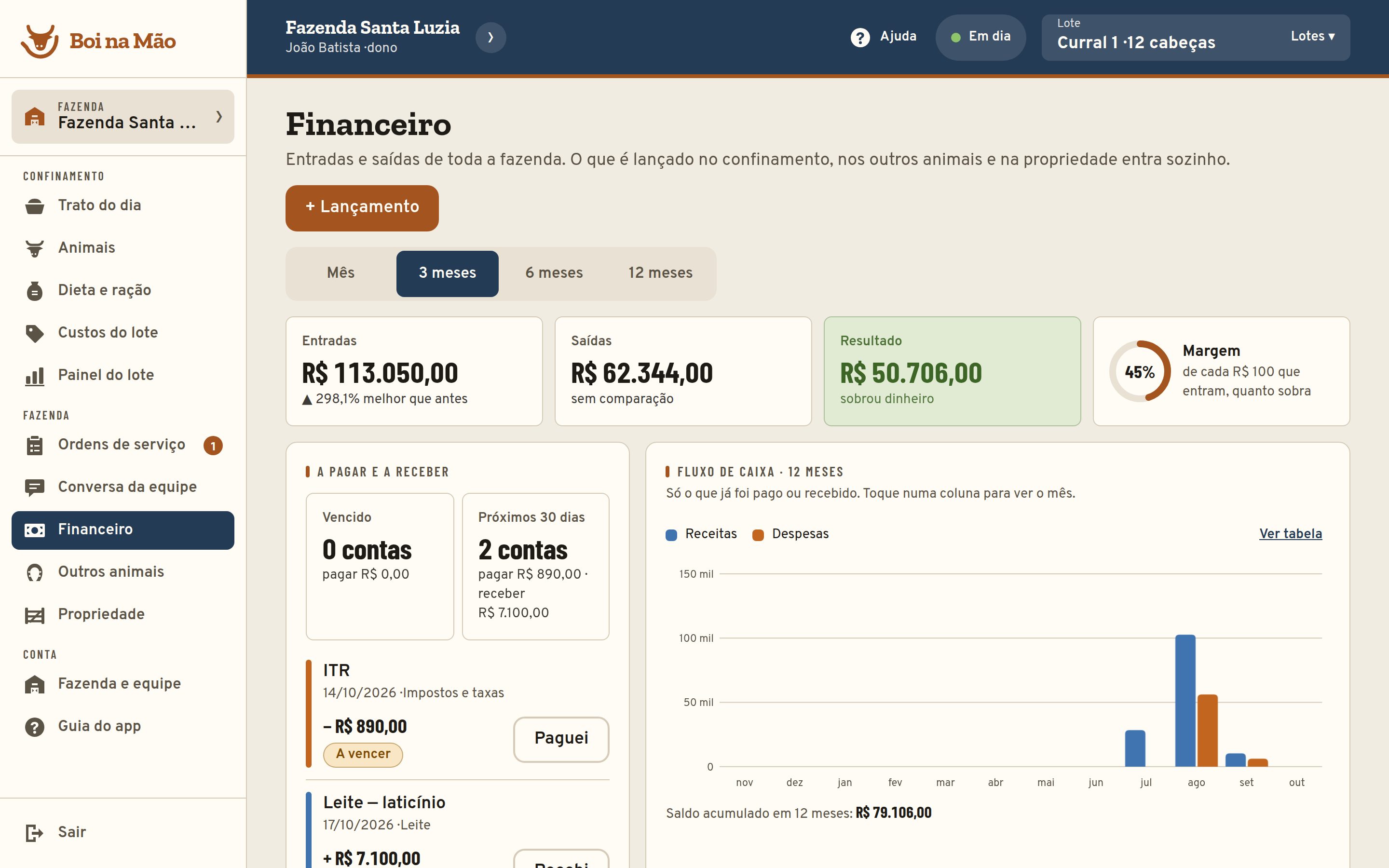 Financeiro no computador com entradas, saídas, resultado, margem e fluxo de caixa