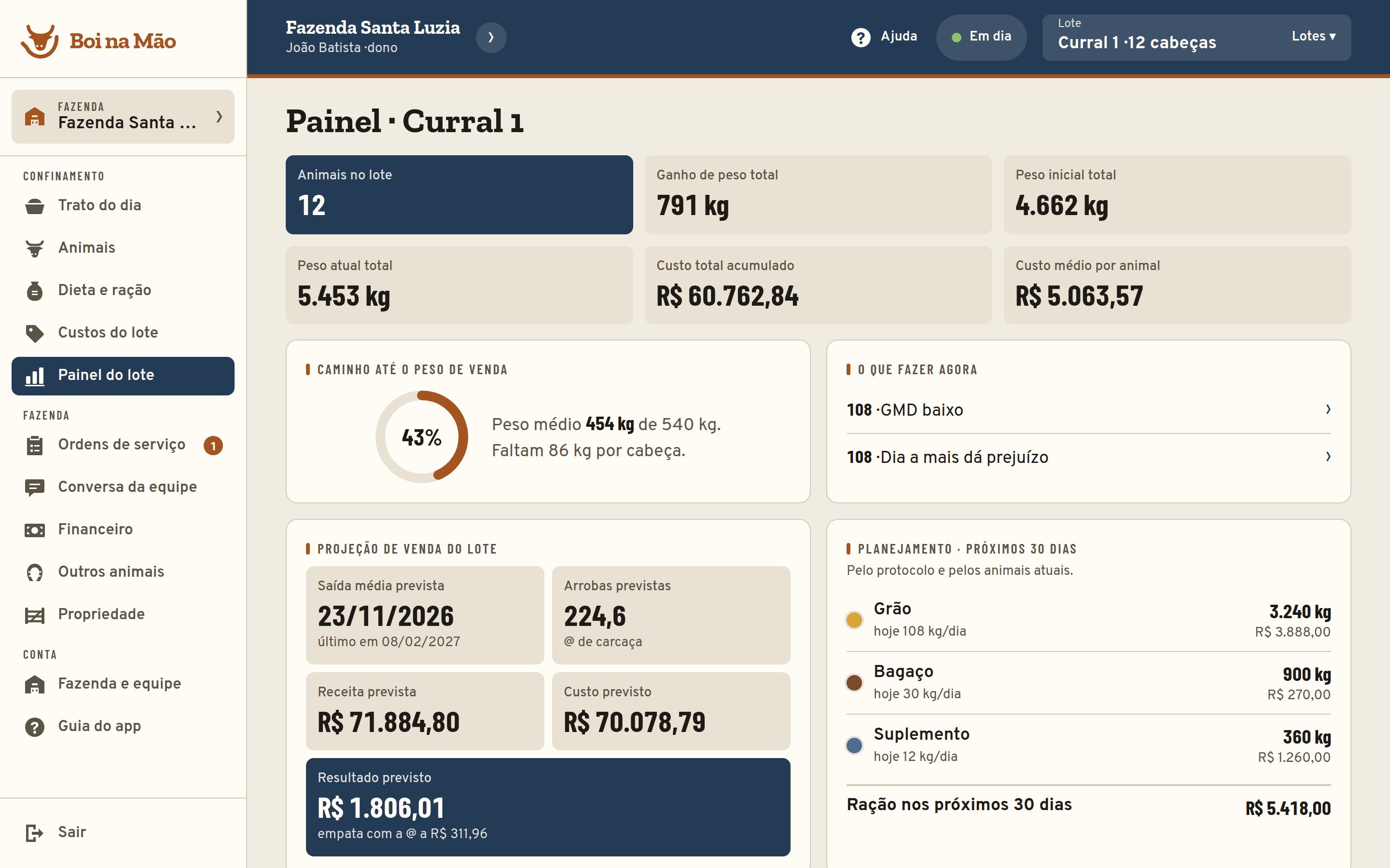 Painel do lote no computador com peso, custo acumulado, caminho até o peso de venda e projeção